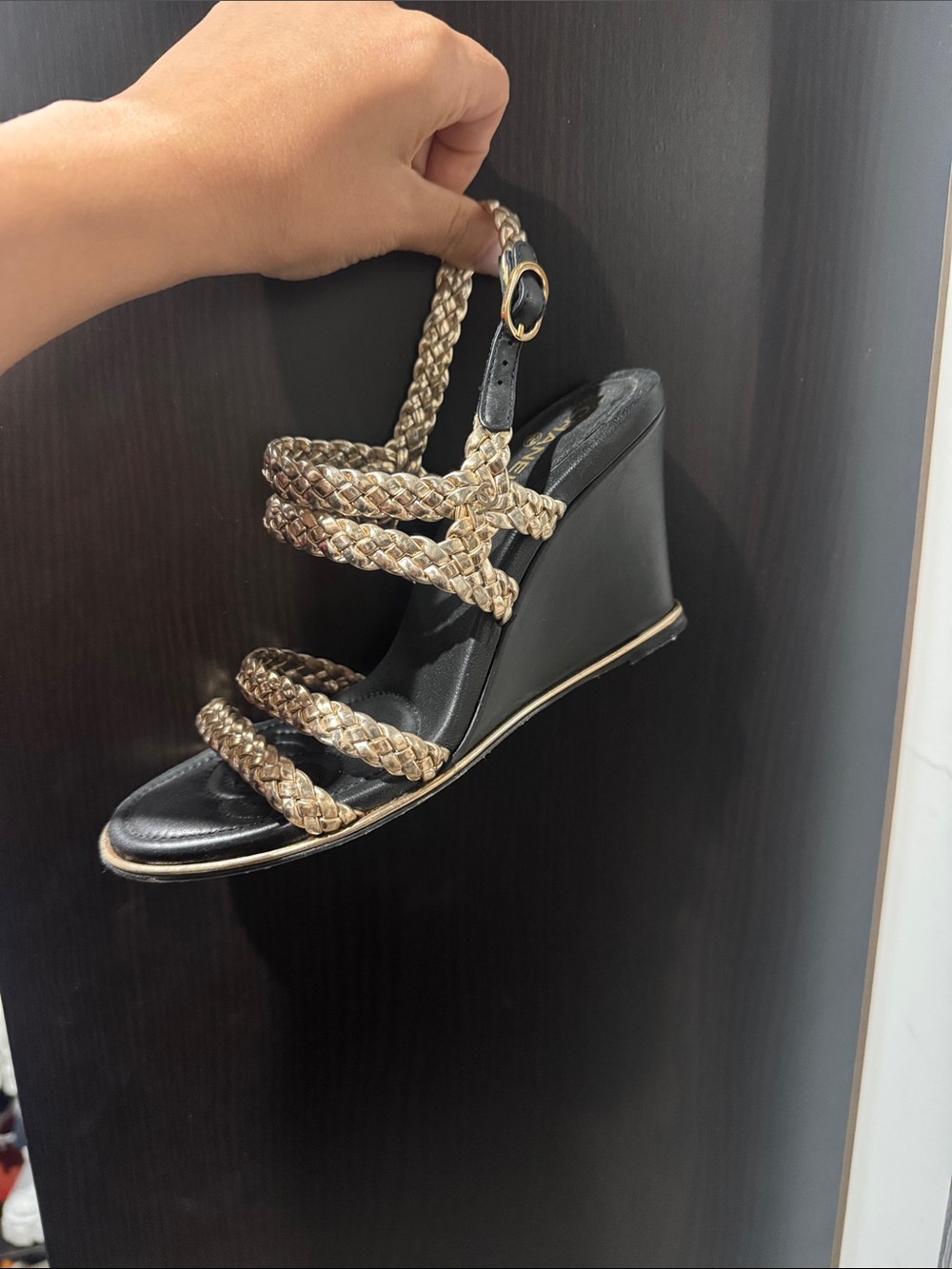 CHANEL Black Wedge Sandals with Gold Braided Straps